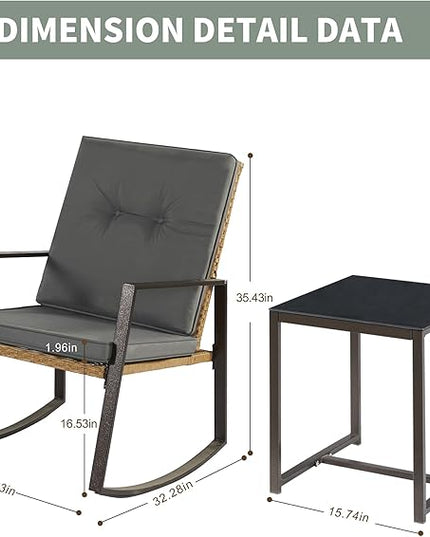 3 Pieces Rocking Chairs Set Balcony Furniture Conversation Sets with Outdoor Table and Chairs,Washable Cushion for Porch,balcony,Garden,Backyard,Poolside Grey - LeafyLoom