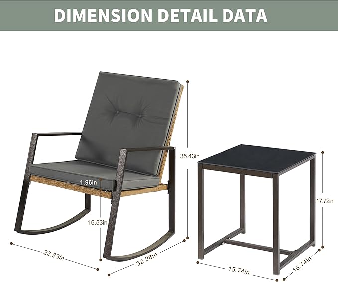 3 Pieces Rocking Chairs Set Balcony Furniture Conversation Sets with Outdoor Table and Chairs,Washable Cushion for Porch,balcony,Garden,Backyard,Poolside Grey - LeafyLoom