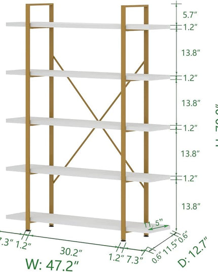 HSH 5 Tier White and Gold Bookshelf, Tall Storage Bookshelves for Bedroom Living Room Office, Metal and Wood Large Book Shelves, Modern Vertical 5 Shelf Bookcase, Farmhouse Big Open Display Book Shelf - LeafyLoom