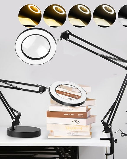 CHENBEN 10X Magnifying Glass with Light desk lamp 5 Color Modes Dimmable 2-in-1 Magnifying Glass with Light and Stand Adjustable LED Desk Lamp Hands Free for Reading Craft Repair Close Work - LeafyLoom