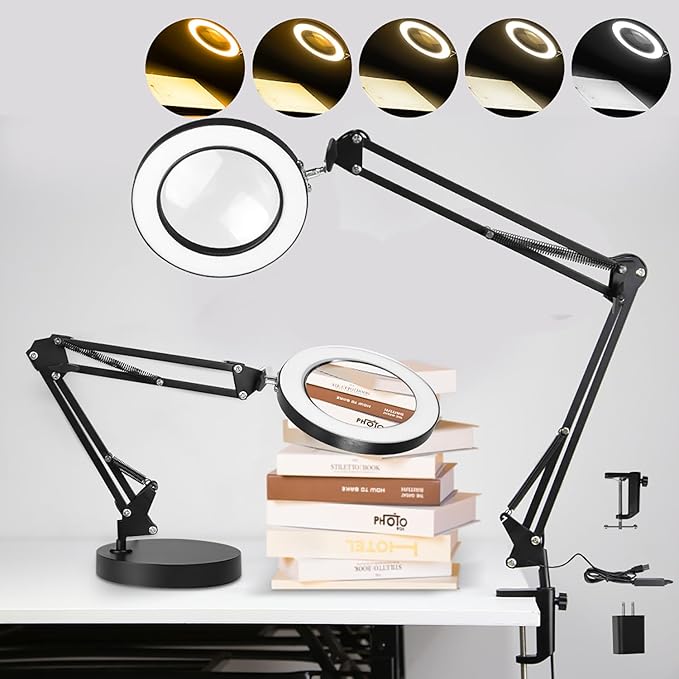 CHENBEN 10X Magnifying Glass with Light desk lamp 5 Color Modes Dimmable 2-in-1 Magnifying Glass with Light and Stand Adjustable LED Desk Lamp Hands Free for Reading Craft Repair Close Work - LeafyLoom