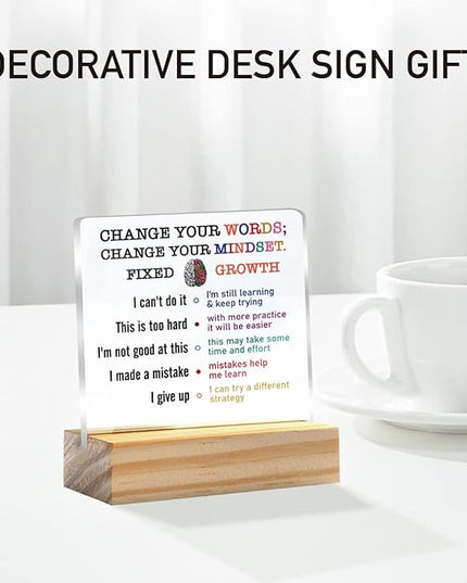 Growth Mindset Gift Change Your Words Change Your Mindset Clear Desk Decorative Sign Keepsake Present Positive Acrylic Plaque with Wooden Stand Sign Desk Decor for Home Office - LeafyLoom