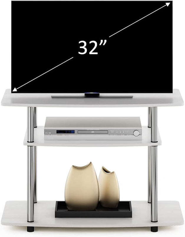 Furinno Turn-N-Tube No Tools 3-Tier Entertainment Center TV Stand for TV up to 32 Inch with Stainless Steel Tubes, White Oak/Chrome - LeafyLoom