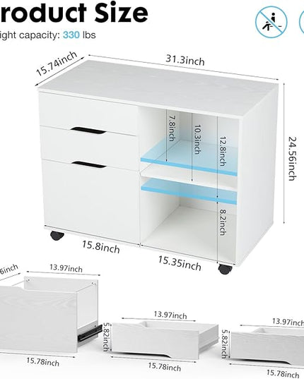 Sweetcrispy 3-Drawer File Cabinet, Lateral Mobile Filing Cabinet Wood Under Desk Storage Organizer with Wheels, Printer Stand & Open Shelves for Home Office Organization - White - LeafyLoom