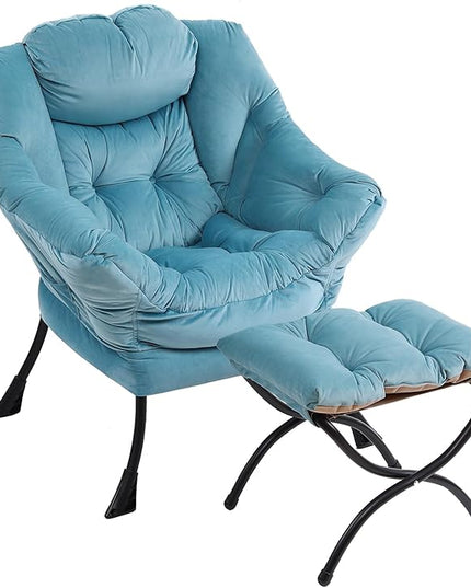 Lazy Chair with Ottoman, Modern Chair with Folding Footrest, Lounge Accent Chair, Comfortable Reading Chair (Light Blue) - LeafyLoom