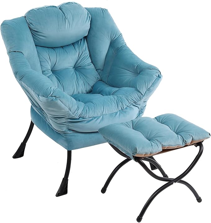 Lazy Chair with Ottoman, Modern Chair with Folding Footrest, Lounge Accent Chair, Comfortable Reading Chair (Light Blue) - LeafyLoom