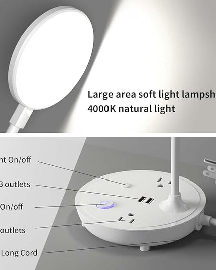Desk Lamp Small Table Lamp for Bedside Lamp Bedroom Desk Light with Dual USB Charging Port and AC Outlet Office Reading Light Adjustable Gooseneck Working White LED Reading Lamp for Home Office - LeafyLoom