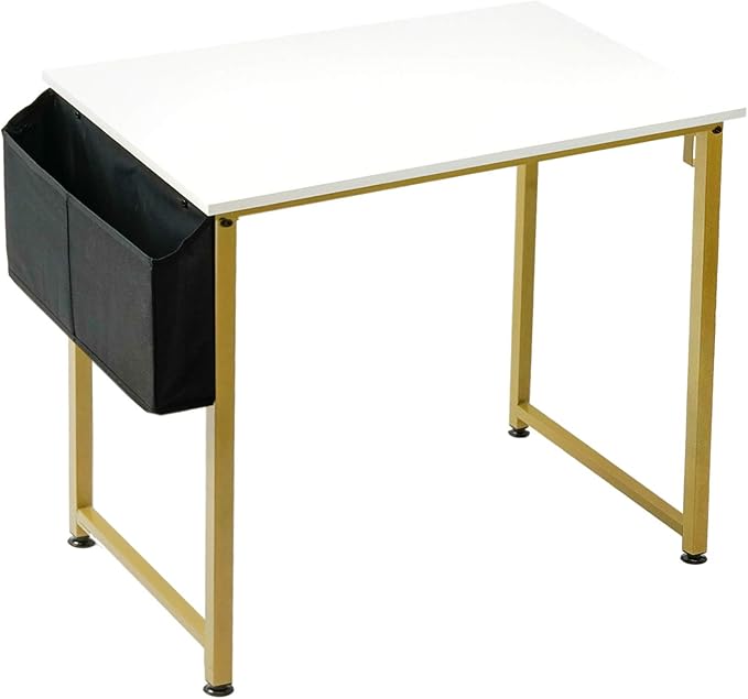 Lufeiya Small Computer Desk White Writing Table for Home Office Small Spaces 31 Inch Modern Student Study Laptop PC Desks with Gold Legs Storage Bag Headphone Hook,White Gold - LeafyLoom