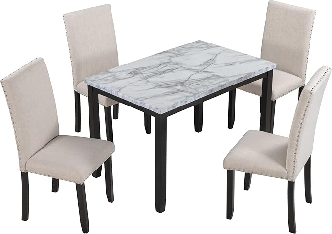 Kitchen Faux Marble 5-Piece Set Table with 4 Thicken Cushion Dining Chairs Home Furniture, White/Beige+Black - LeafyLoom