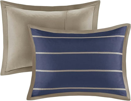 Mi Zone Ashton Casual Comforter Set, Vibrant Colorblock Design, Modern Bedding Geometric Stripes All Season Cover, Matching Shams, Decorative Pillow, King/Cal King, Khaki/Navy, 4 Piece - LeafyLoom