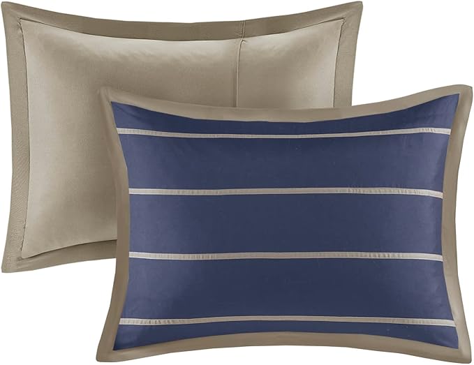 Mi Zone Ashton Casual Comforter Set, Vibrant Colorblock Design, Modern Bedding Geometric Stripes All Season Cover, Matching Shams, Decorative Pillow, King/Cal King, Khaki/Navy, 4 Piece - LeafyLoom