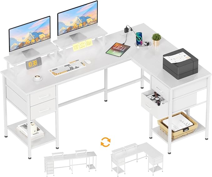 L Shaped Computer Desk with Power Outlets, 59 inch Reversible Home Office Desk with Storage Shelves & 2 Monitor Stands, Gaming Desk with 4 Fabric Drawers for Bedroom, White - LeafyLoom