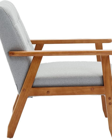 Mid-Century Accent, Modern Single Armchair, Upholstered Leisure Lounge Chair wth Solid Wood Armrest and Feet for Living Room, Bedroom, Office, Gray - LeafyLoom