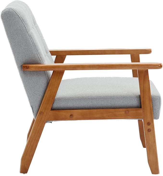 Mid-Century Accent, Modern Single Armchair, Upholstered Leisure Lounge Chair wth Solid Wood Armrest and Feet for Living Room, Bedroom, Office, Gray - LeafyLoom