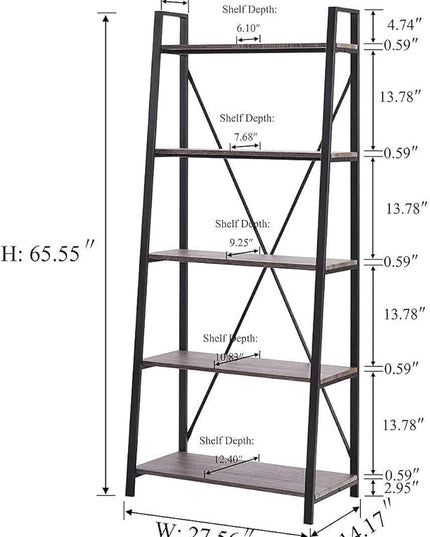 BON AUGURE 5-Tier Ladder Shelf, Industrial Leaning Bookcase, Wood and Metal Ladder Bookshelf for Living Room, Bedroom, Kitchen, Home Office (Grey Oak) - LeafyLoom