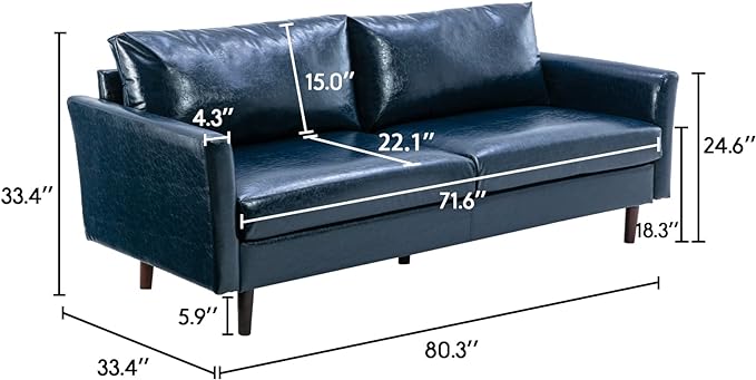 Dreamsir 80'' Faux Leather Sofa Couch, Mid-Century Modern Sofa with Solid Wooden Frame & Padded Cushions, 3-Seater Couch for Living Room, Apartment, Lounge Room (Blue) - LeafyLoom