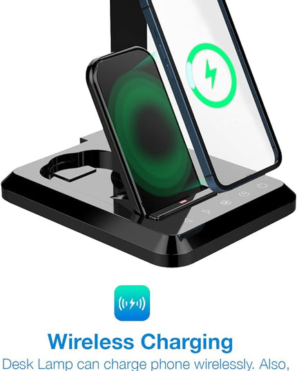 Fugetek LED Desk Office Lamp with Wireless Charger & USB Charging Port, Touch Control, 5 Lighting Modes, 30/60 Min Auto Timer, Eye-Caring, Dimmer, Black - LeafyLoom