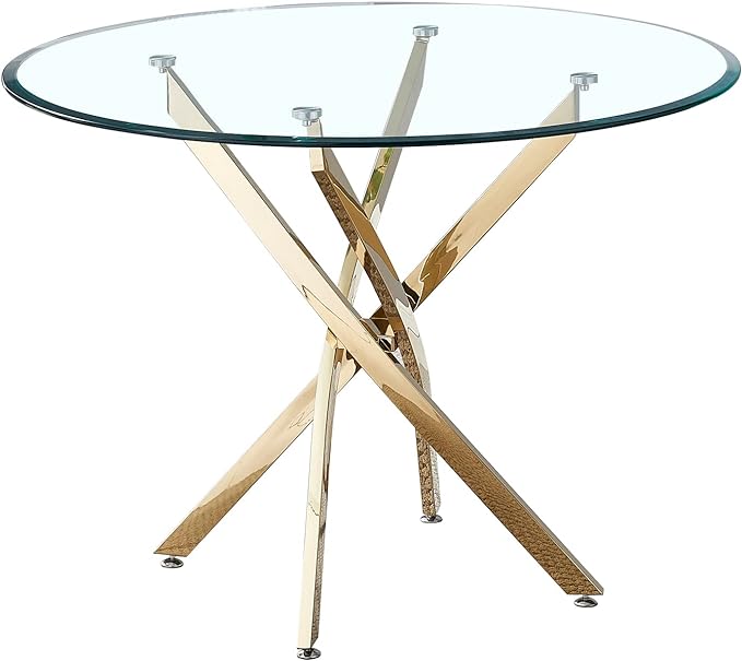 NicBex Modern Round Glass Dining Table Contemporary Round Clear Dining Tempered Glass Table with Gold Finish Stainless Steel Legs for Kitchen Dining Living Meeting Room Banquet Hall, Gold - LeafyLoom