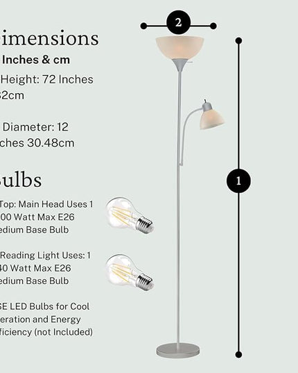 Adjustable Silver Floor Lamp with Reading Light By Light Accents - Susan Modern Standing Lamp For Living Room/Office Lamp 72" Tall - 150-watt With Side Reading Light Corner Lamp (Silver) - LeafyLoom