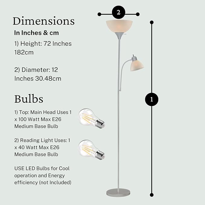 Adjustable Silver Floor Lamp with Reading Light By Light Accents - Susan Modern Standing Lamp For Living Room/Office Lamp 72" Tall - 150-watt With Side Reading Light Corner Lamp (Silver) - LeafyLoom