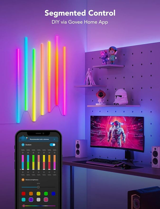 Govee Glide RGBIC Wall Lights, Music Wall Lights Works with Alexa and Google Assistant, Smart LED Light Bars for Bedroom, Living Room, Gaming Room, Party, Music Sync, 7 Panels Set (2 Sections/Panel) Govee