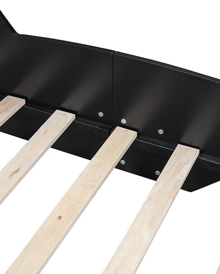 Twin Size Racecar Bed for Big Boys,Wood Platform Bedframe with Wheels & Safety Guardrail,Slats Support,Easy Assembly,Toddlers Kids Car Floor Beds for Fun Children's Bedroom,Black - LeafyLoom