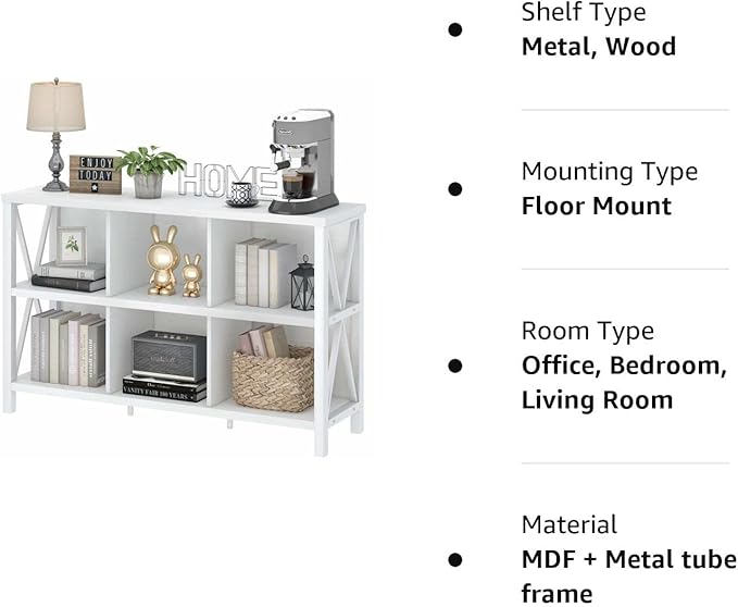FATORRI 6 Cube Storage Organizer with Shelf, Long Wood and Metal Cubby Bookcase, Industrial Horizontal Bookshelf (White Oak, 47 Inch) - LeafyLoom