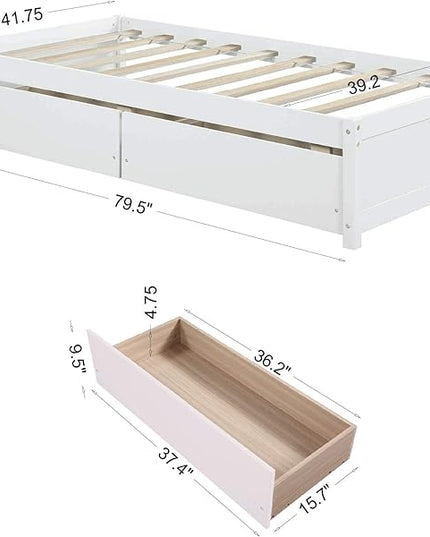 Twin Bed with 2 Storage Drawers, Solid Pinewood Twin Size Bed Frame,for Boys/Girls/Teens Bedroom, Easy to Assemble, No Box Spring Needed,White - LeafyLoom
