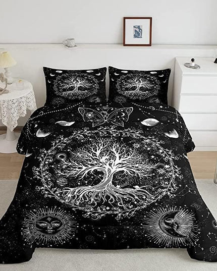 Feelyou Sun and Moon Comforter Bohemian Tree Butterfly Style Bedding Set Psychedelic Hippie Comforter Set for Boys Girls Children Teens Bedroom Decor Galaxy Astrology Duvet Set King Size - LeafyLoom