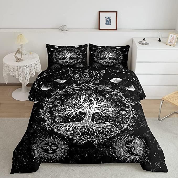 Feelyou Sun and Moon Comforter Bohemian Tree Butterfly Style Bedding Set Psychedelic Hippie Comforter Set for Boys Girls Children Teens Bedroom Decor Galaxy Astrology Duvet Set King Size - LeafyLoom