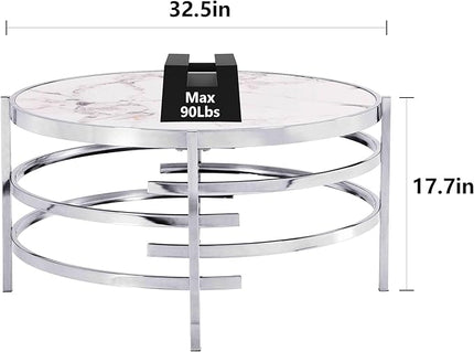 Round Coffee Table Coffee Tables for Living Room Sintered Stone Marble Top Sturdy Metal Frame (Silver, 31.50 inches) - LeafyLoom