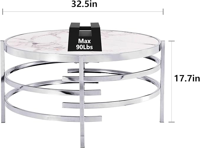 Round Coffee Table Coffee Tables for Living Room Sintered Stone Marble Top Sturdy Metal Frame (Silver, 31.50 inches) - LeafyLoom