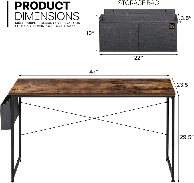 MoNiBloom Home Office Gaming Desk, 47 Inches Computer Study Table with A Storage Bag, Rustic Brown - LeafyLoom