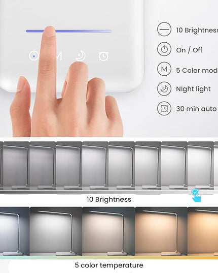 LED Desk Lamp with Night Light, Fast Wireless Charger, USB Charging Port, 10 Brightness, 5 Color Modes, Dimmable Bedside Table Lamp for Bedroom, Touch Control, Auto Timer, 1200Lux Super Bright - LeafyLoom