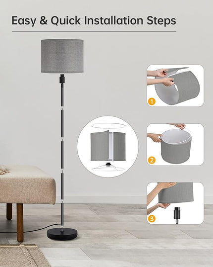 BoostArea Floor Lamps for Living Room, Black Standing Lamp, 58" Tall Lamps, 9W Bright Dimmable Floor Lamps, On/Off Foot Switch, Simple Modern Floor Lamp for Bedroom, Office, Kitchen -Grey Lampshade - LeafyLoom