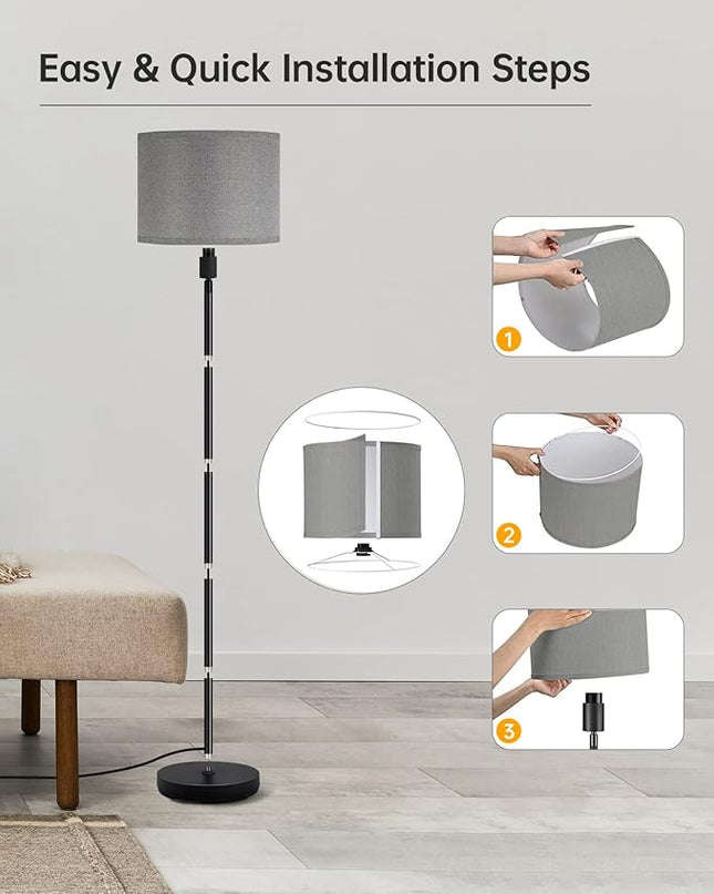 BoostArea Floor Lamps for Living Room, Black Standing Lamp, 58" Tall Lamps, 9W Bright Dimmable Floor Lamps, On/Off Foot Switch, Simple Modern Floor Lamp for Bedroom, Office, Kitchen -Grey Lampshade - LeafyLoom