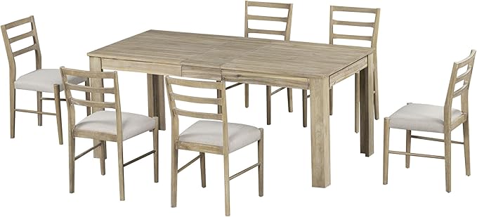 RITSU SONGG 7 Piece Modern Wooden Dining Set, Include Multifunctional Extendable Table with 12” Leaf and 2 Drawers & 6 Soft Cushion Chairs, for Diningroom, Living Room, Natural Wood Wash - LeafyLoom