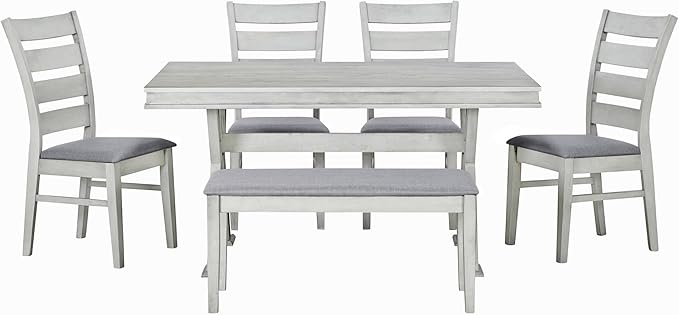 Merax (White Table Set with Unique Legs and 4 Upholstered Chairs & 1 Bench, 6-Piece L Rectangular - LeafyLoom