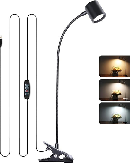 Dott Arts Desk Lamp,USB Clip On Light with 3 Color Modes,LED 10 Levels Brightness Reading Light, 360°Gooseneck Book Light,Eye-Care Reading Lamp for Home Office,Headboards Black - LeafyLoom