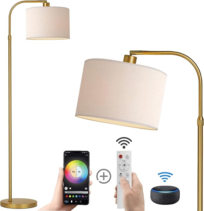 Gold Floor Lamp with Remote Control, 1200 Lumens 15W LED Bulb Included, Adjustable Height Arc Floor Lamps for Living Room, Modern Gold Standing Lamp Dimmable Floor Lamp for Bedroom, Office - LeafyLoom