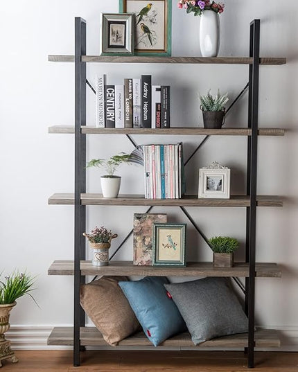 HSH 5-Shelf Vintage Industrial Rustic Bookshelf, 5 Tier Wood and Metal Bookcase, Open Etagere Book Shelf, Farmhouse Wooden Bookshelves, Light Grey Oak - LeafyLoom