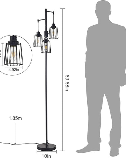 Dimmable Floor Lamp, Farmhouse Industrial Floor Lamp for Living Room, Standing Tree Floor Lamp with 3 Elegant Teardrop Cage Head, Bright Floor Lamp for Bedroom Office(Black) - LeafyLoom