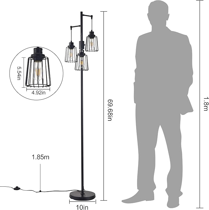 Dimmable Floor Lamp, Farmhouse Industrial Floor Lamp for Living Room, Standing Tree Floor Lamp with 3 Elegant Teardrop Cage Head, Bright Floor Lamp for Bedroom Office(Black) - LeafyLoom