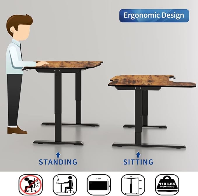 Adjustable Height L-Shaped Electric 59 Inch Sit-Stand Computer Desk with 3 Splice Boards, Lockable Casters-Ideal for Home Office, 59Inch, Rustic Brown - LeafyLoom