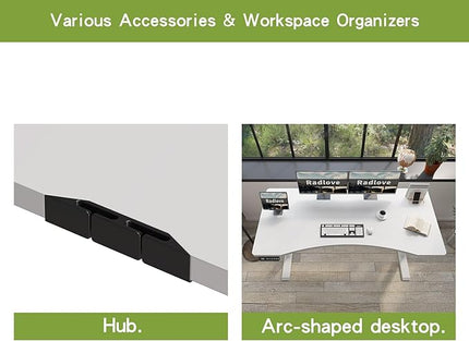 Radlove Dual Motors Height Adjustable 63 x 30'' Electric Standing Desk with Curved Design Stand Up Table 4 Memory Keys, Computer Desk with Splice Board Home Office Desk, WhiteTop + White Frame - LeafyLoom