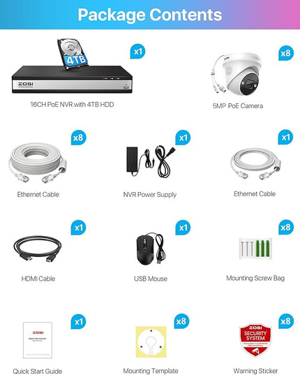 ZOSI 16CH 4K PoE Security Camera System with Person Vehicle Detection,2 Way Audio,Color Night Vision,16Channel 8MP PoE NVR Recorder with 4TB HDD,8pcs 5MP Indoor Outdoor IP Cameras,for 24/7 Recording ZOSI