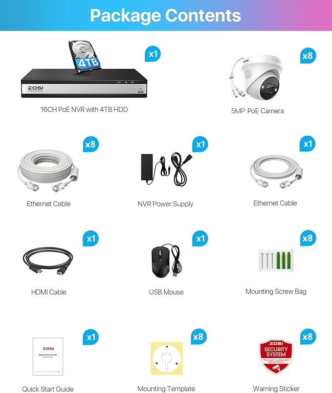 ZOSI 16CH 4K PoE Security Camera System with Person Vehicle Detection,2 Way Audio,Color Night Vision,16Channel 8MP PoE NVR Recorder with 4TB HDD,8pcs 5MP Indoor Outdoor IP Cameras,for 24/7 Recording ZOSI