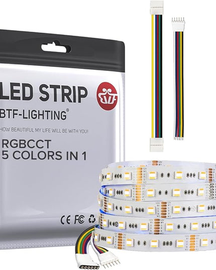 BTF-LIGHTING RGBCCT 5 Colors in 1 LED 5050SMD RGBWW RGB+Dimmable Tunable Color Temperature 2700K-6500K 16.4ft 60LEDs/m 300LEDs DC12V Multi-Colored Tape Lights IP30 White PCB(No Adapter or Controller) BTF-LIGHTING