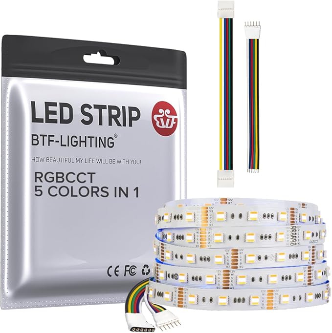BTF-LIGHTING RGBCCT 5 Colors in 1 LED 5050SMD RGBWW RGB+Dimmable Tunable Color Temperature 2700K-6500K 16.4ft 60LEDs/m 300LEDs DC12V Multi-Colored Tape Lights IP30 White PCB(No Adapter or Controller) BTF-LIGHTING