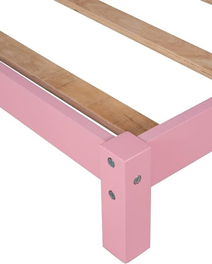 Jintop Twin Size Wood Platform Chimney and House-Shaped Headboard,Bedroom Furniture Bed Frame W/ 10 Slat Support,Easy to Install,for Teens Kids Girls Boys,Pink - LeafyLoom